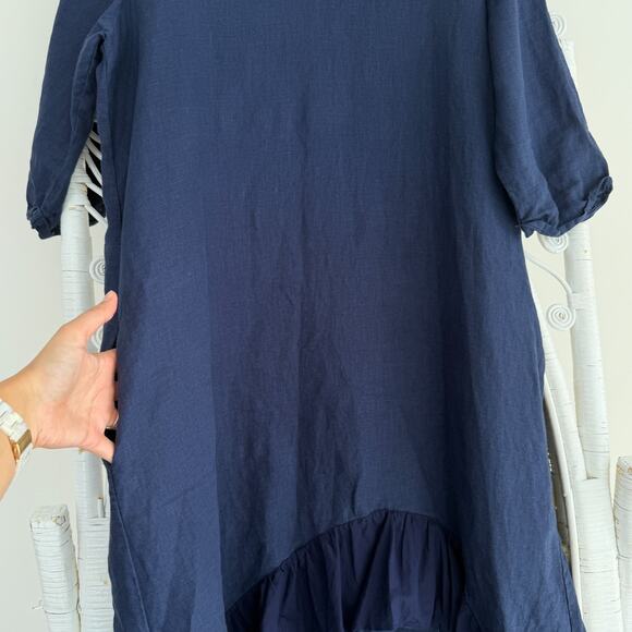100% Linen Dress Medium Navy Ruffle Lagenlook Coastal Pockets Flowy Minimalist - Picture 2 of 9